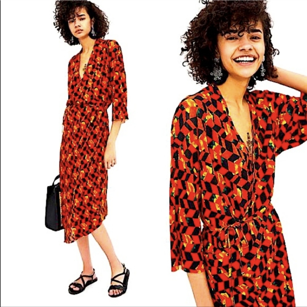 Zara Wrap Dress Geometric Red & Black Polyester Size Small